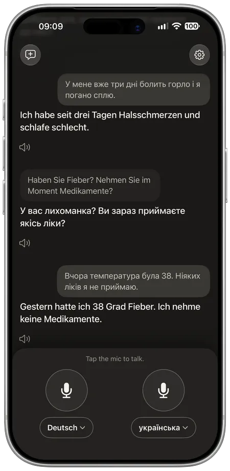 Poly on an iPhone: a German–Ukrainian conversation, each line shown in both languages